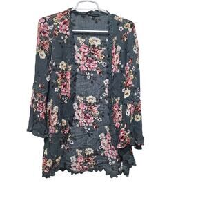 Staccato Floral Lace-Trim Kimono Cardigan Medium